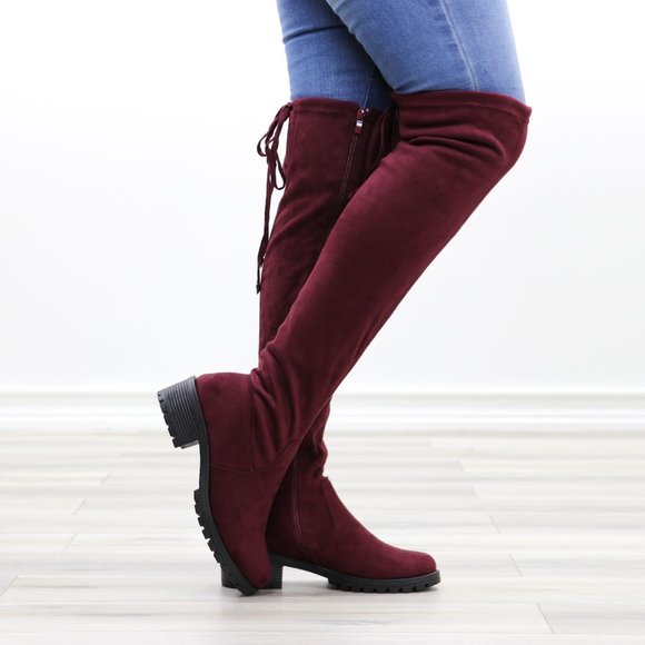 Shoes - Wine Lug Sole Thigh High Boots Back Lace Tie